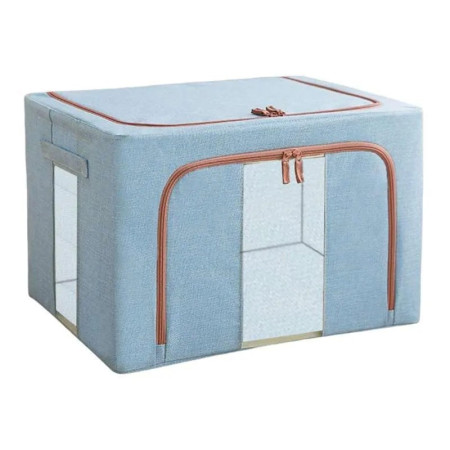 Cutie de Depozitare Pliabilă, 66L, Bumbac și In, Cadru Metalic, Bază Rigidă, Ferestre Frontale și Laterale, 2 Uși cu Fermoar Bidirecțional, 50x40x33 cm, Bleu