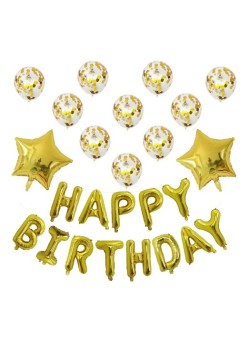 Set 12 Baloane si 1, Set pentru Aniversare, mesaj Happy Birthday, din folie de aluminiu, 30 -45 cm, Cu paiete, latex si folie, Auriu