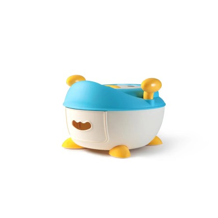 Olita pentru Copii, Flippy, +6 luni, Compartiment Detasabil, cu Capac, Antiderapanta, din Plastic, Colac Moale, Model Animat Vulpe, cu Maner, 34.5 x 35 x 23 cm, Albastru/Alb