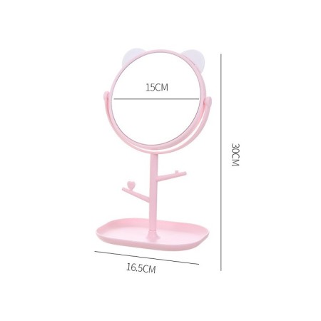 Oglina Cosmetica cu Picior, Flippy, HD, Rotire 360 Grade, 15 cm Diametru, Suport Bijuterii Baza + Brate, Model cu Urechi, 30 x 16.5 x 15 cm, Roz