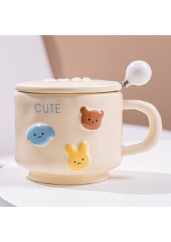 Cana ceramica, Flippy, Model Cute, cu capac si lingura, Galben