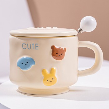 Cana ceramica, Flippy, Model Cute, cu capac si lingura, Galben