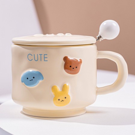 Cana ceramica, Flippy, Model Cute, cu capac si lingura, Galben
