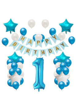 Set Baloane Aniversare HAPPY BIRTHDAY, Flippy, set din 42 bucati, 1 bucata cifra mare, 4 stele din folie aluminiu, 37 simple din latex, Baby Boy, 60 cm Albastru