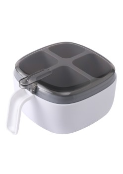 Recipient pentru condimente Flippy, 4 casute, potrivit pentru sare, cimbru, piper, condimente, 4 lingurite din plastic, capac din plastic, maner, 14x14x8 cm, alb