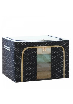 Cutie de Depozitare Pliabilă Premium, 100L, Țesătură Oxford Impermeabilă, Cadru Metalic, Fermoar Dublu, Fereastră Transparentă, Imprimeu cu Buline, 60x42x40 cm, Albastru Marin