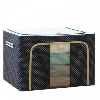 Cutie de Depozitare Pliabilă Premium, 100L, Țesătură Oxford Impermeabilă, Cadru Metalic, Fermoar Dublu, Fereastră Transparentă, Imprimeu cu Buline, 60x42x40 cm, Albastru Marin