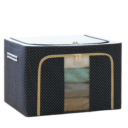 Cutie de Depozitare Pliabilă Premium, 100L, Țesătură Oxford Impermeabilă, Cadru Metalic, Fermoar Dublu, Fereastră Transparentă, Imprimeu cu Buline, 60x42x40 cm, Albastru Marin