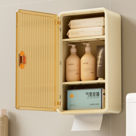 Organizator Cosmetice, Flippy, Montare pe Perete fara Perforare, 36.5x10.9x20 cm, cu 3 Rafturi, din PP si ABS, Bej, Usa Transparenta