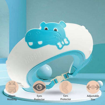 Viziera de Protectie Baie Pentru Copii, Fippy, Model Hipopotam, Dimensiune ajustabila, Durabil, Usor de curatat, Impotriva Samponului, pentru Ochi si Urechi, TPE+PP, 22x21 cm, Albastru