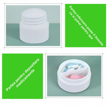 Cutie Pastile Multifunctionala, Flippy, 4 in 1, Pahar Apa, Taiere, Sfaramare, Depozitare, Compact, ABS cu Lama din Inox, Alb, 8.7x6.2x4.1 cm