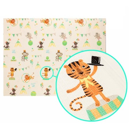 Covoras pentru Copii, Flippy, cu 2 Fete, Model Caprioare/Circ, din XPE+PE, Impermeabil, Antiderapant, Protectie Termica, +3 Luni, Pliabil, 150 x 200 x 1 cm, Multicolor