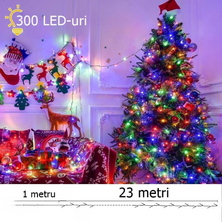 Instalatie de Craciun beculet in 6 colturi, 8 jocuri de lumini, liniara, 24 m, din care 1 m cablu priza 220V, 300 LED, controler, fir negru, multicolor