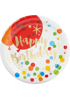 Set 10 Farfurii Unica Folosinta, Flippy, Imprimeu Happy Birthday Buline, din Carton, Diametru 18 cm, Multicolor