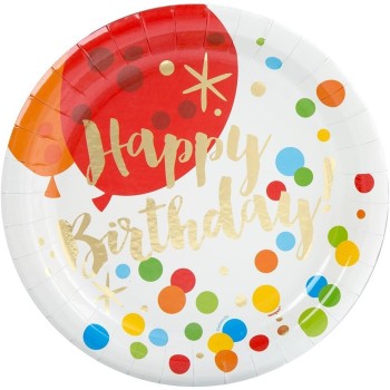 Set 10 Farfurii Unica Folosinta, Flippy, Imprimeu Happy Birthday Buline, din Carton, Diametru 18 cm, Multicolor