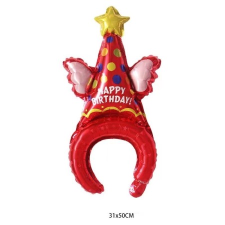 Balon din Folie Metalizata, Flippy, Tip Coronita, Model Palarie de Petrecere, Ambalaj Individual, Pai Inclus, Umflare cu Aer sau Heliu, 31 x 50 cm, Rosu