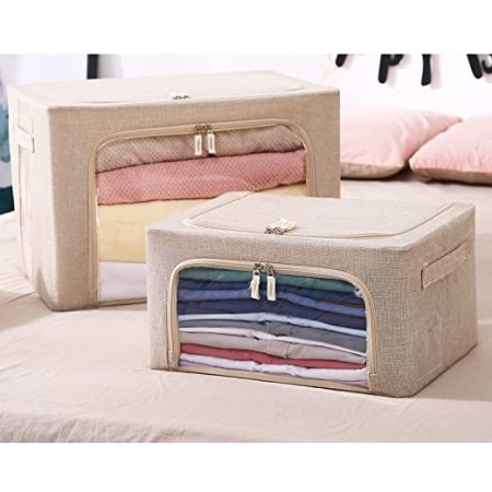 Cutie de Depozitare Pliabilă, 66L, Textil Bumbac & In, 50x40x33 cm, Fermoar, Fereastră Transparentă, Cadru Metalic, Bază Stabilă, Crem