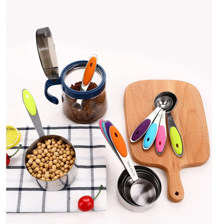 Set 10 Piese de Masurare, Flippy, 5 Linguri Gradate + 5 Cesti Gradate, Otel Inoxidabil + Silicon, 19 x 8 x 9 cm, Multicolor
