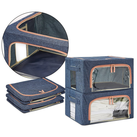 Cutie de Depozitare Pliabilă, 66L, Material Textil, Cadru Metalic, Fermoar Dublu, Fereastră Frontală și Laterală, 50x40x33 cm, Albastru Marin