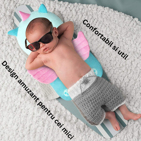 Pernă Tip Rucsac pentru Protecția Capului Bebelușilor, Tetieră Model Unicorn, Design cu Plasă Aerisită, 33x6x19 cm, 180 g, Albastru