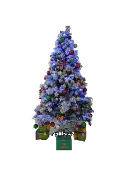 Set brad artificial de Craciun si elemente decorative, nins, decorat cu conuri pin, pentru interior/exterior, inaltime 210 cm, diametru 131 cm, 630 ramuri, Flippy, alb/verde, suport metalic inclus