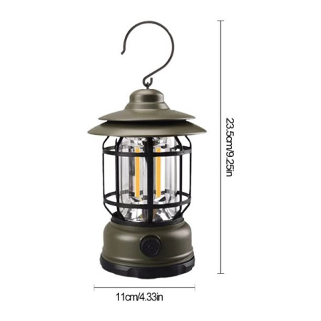 Lampa Portabilă Camping Felinar Vintage cu Cârlig, 21 COB LED, 5W, ABS, Reglare Intensitate, 360°, Verde