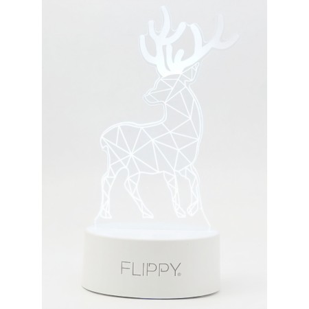 Lampa LED decorativa, Flippy, 3D, Cerb, cu telecomanda, doua moduri de alimentare USB si baterii, 20 cm inaltime, din material acril si lumina multicolora, alb