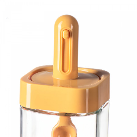 Recipient pentru Depozitarea Condimentelor, Flippy, Borcan din Sticla, Capac si Lingura Incorporate, Uz Casnic, 300 ml, 7.1x7.1x14.8 cm, Portocaliu
