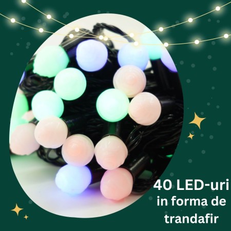 Instalatie de Craciun RGRB Liniara, Bilute Mate, Interconectabila, 10 m, din care 1 m Prelungitor 220V, 40 LED, Fir Negru, multicolor