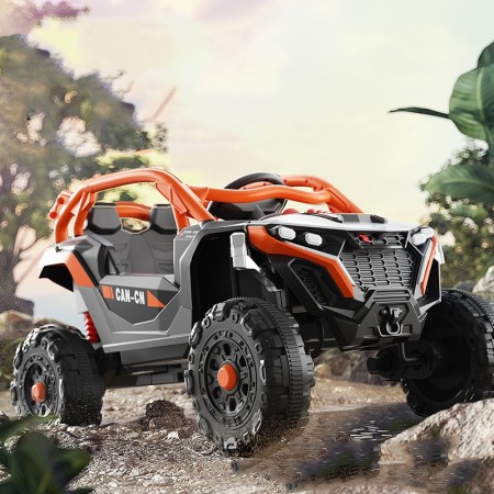 Masina Electrica pentru Copii, Flippy, Tip Buggy/UTV Off-Road Dual Drive, Conectare Bluetooth, Telecomanda, Lumina Intermitenta si Muzica, Baterie 380*2, 6V 7Ah, 97 x 62 x 58 cm, Portocaliu Negru
