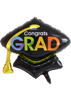 Balon din Folie Metalizata, Flippy, Figurina, Model Toca Congrats Grad, Tematica Absolvire,  66x66 cm, Ambalaj Individual, Pai Inclus, Umflare cu Aer sau Heliu, Negru