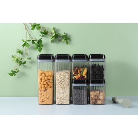 Cutii de Depozitare Alimente, Flippy, Set din 6 Cutii de tip Container, Recipiente pentru Cereale in Bucatarie,  Transparente cu Capac Negru