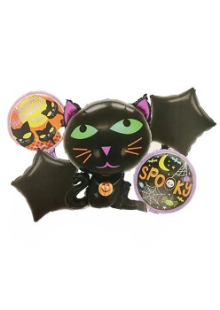 Set 5 Baloane din Folie Metalizata, Flippy, Figurine, Tema Halloween, Pai Inclus, Ambalaj Individual, Umflare cu Aer sau Heliu, Figurina Pisica 65x49 cm, Stelute si Cerculete 45 cm, Negru