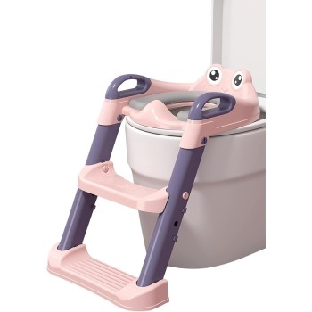 Reductor WC Copii cu Scaunel Inaltator, 1-7 Ani, Colac Moale, 2 Trepte Reglabile, Pliabil, cu Spatar si Manere, Roz-Mov