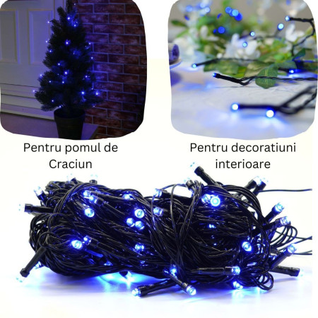 Instalatie de Craciun 8 jocuri de lumini, controler, liniara, 17 m, din care 1 m cablu priza 220V, 200 LED, fir negru, albastru