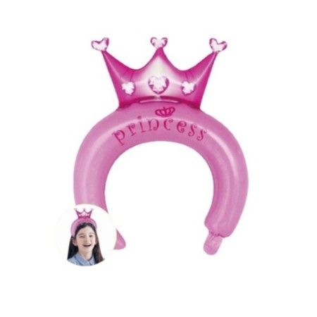 Balon din Folie Metalizata, Flippy, Tip Coronita cu Urechi, Model Coronita de Printesa, Ambalaj Individual, Pai Inclus, Umflare cu Aer sau Heliu, 30 x 27 cm, Roz