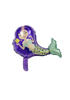 Balon din Folie Metalizata, Flippy, Mini Figurine, Model Sirena cu Par Mov, Tematica Aniversare, 39x37 cm, Ambalaj Individual, Pai Inclus, Umflare cu Aer sau Heliu, Multicolor