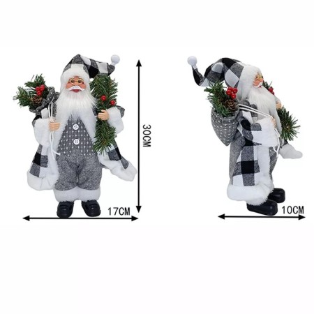 Figurina Decorativa Craciun, Flippy, Mos Craciun cu Crenguta de Brad, 30 x 10 x 17 cm, Material Plastic+Textil, Interior/Exterior, Alb/Gri