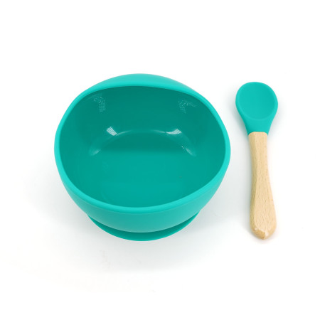 Bol silicon cu ventuza si lingurita lemn-silicon pentru bebelusi, set 2 piese, fara BPA, diversificare, verde