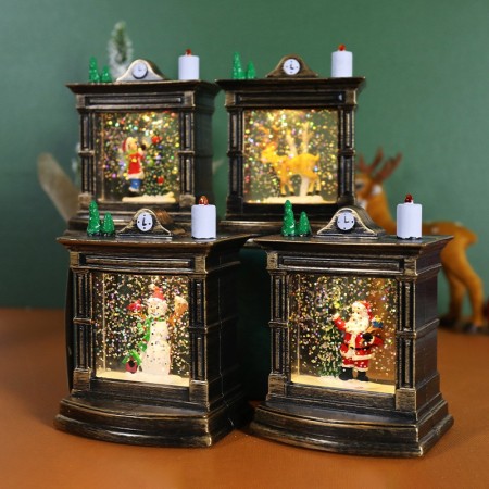Decoratiune de Craciun tip Semineu / Ceas, Flippy, Glob de Cristal cu Fulgi de Zapada, Model Elf, Iluminare LED, 11.5 x 8.5 x 6.5 cm, Carcasa Vintage Bronze, Transparent