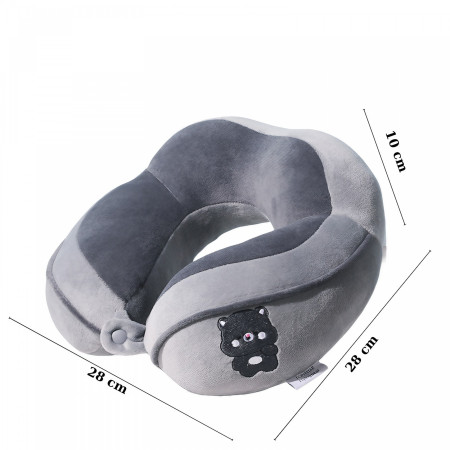 Pernă de Călătorie pentru Gât și Cap, Design Ergonomic, Umplutură Moale din Bumbac, Model Brodat Urs, 28x28x10 cm, Gri