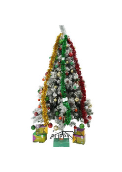 Set brad artificial de Craciun si elemente decorative, nins, decorat cu conuri pin, pentru interior/exterior, inaltime 210 cm, diametru 131 cm, 630 ramuri, Flippy, alb/verde, suport metalic inclus