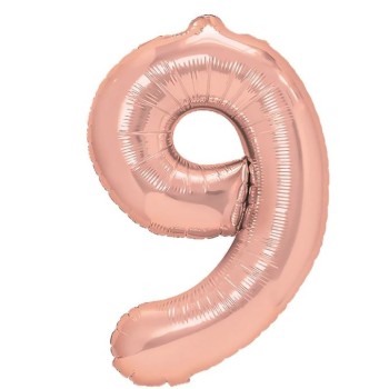 Balon din Folie Metalizata Flippy, Figurina Cifra, Tema Aniversare 40 cm, Ambalaj Individual, Pai inclus, Umflare cu Aer sau Heliu, Rose Gold, Cifra 9