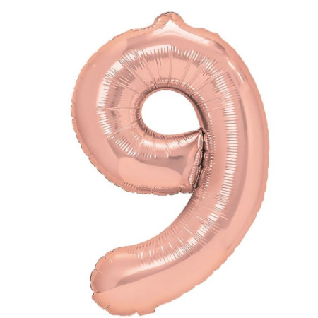 Balon din Folie Metalizata Flippy, Figurina Cifra, Tema Aniversare 40 cm, Ambalaj Individual, Pai inclus, Umflare cu Aer sau Heliu, Rose Gold, Cifra 9