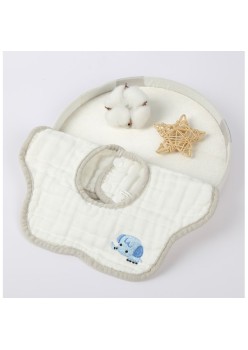 Baveta din Bumbac pentru Copii, Flippy, 0-12 Luni, 26x29 cm, Rezistenta la Apa, 8 Straturi, cu Capse, Model Tricotat cu Elefantel, Alba