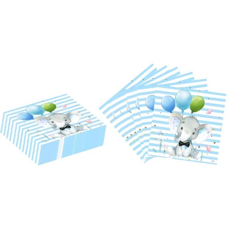 Set 20 de Servetele de Masa, Flippy, Imprimeu Elefant, din Hartie, 16.5 x 16.5 cm, Albastru