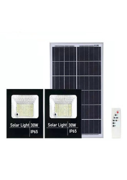Set 2 proiectoare LED SMD 30W cu incarcare solara Flippy, panou solar, cu telecomanda, suport prindere, material ABS, 1.2AH, 200LED-uri, 13x13.5 cm, negru