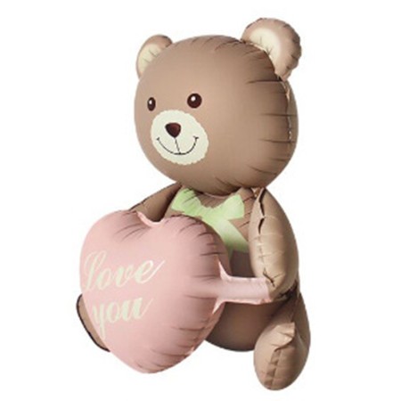 Balon din Folie Metalizata, Flippy, Figurina Animata, Model Ursulet cu Inimioare, 105.5 x 66.5 cm, Ambalaj Individual, Pai Inclus, Umflare cu Aer sau Heliu, Maro