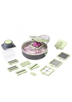 Feliator Multifunctional, Flippy, Razatoare, 8 in 1, pentru Fructe si Legume, 12 Piese, Lame de Inox, Recipient Stocare, Separator Oua, Protectie Mana, ABS, Gri/Verde, 29.5x9x21.8 cm