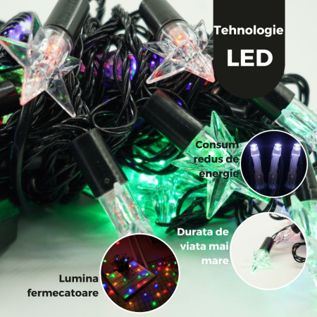 Instalatie de Craciun cu Model Stelute, Liniara RGRB, 10 m, 220V, 40 LED, Interconectabila, Fir Negru, multicolor